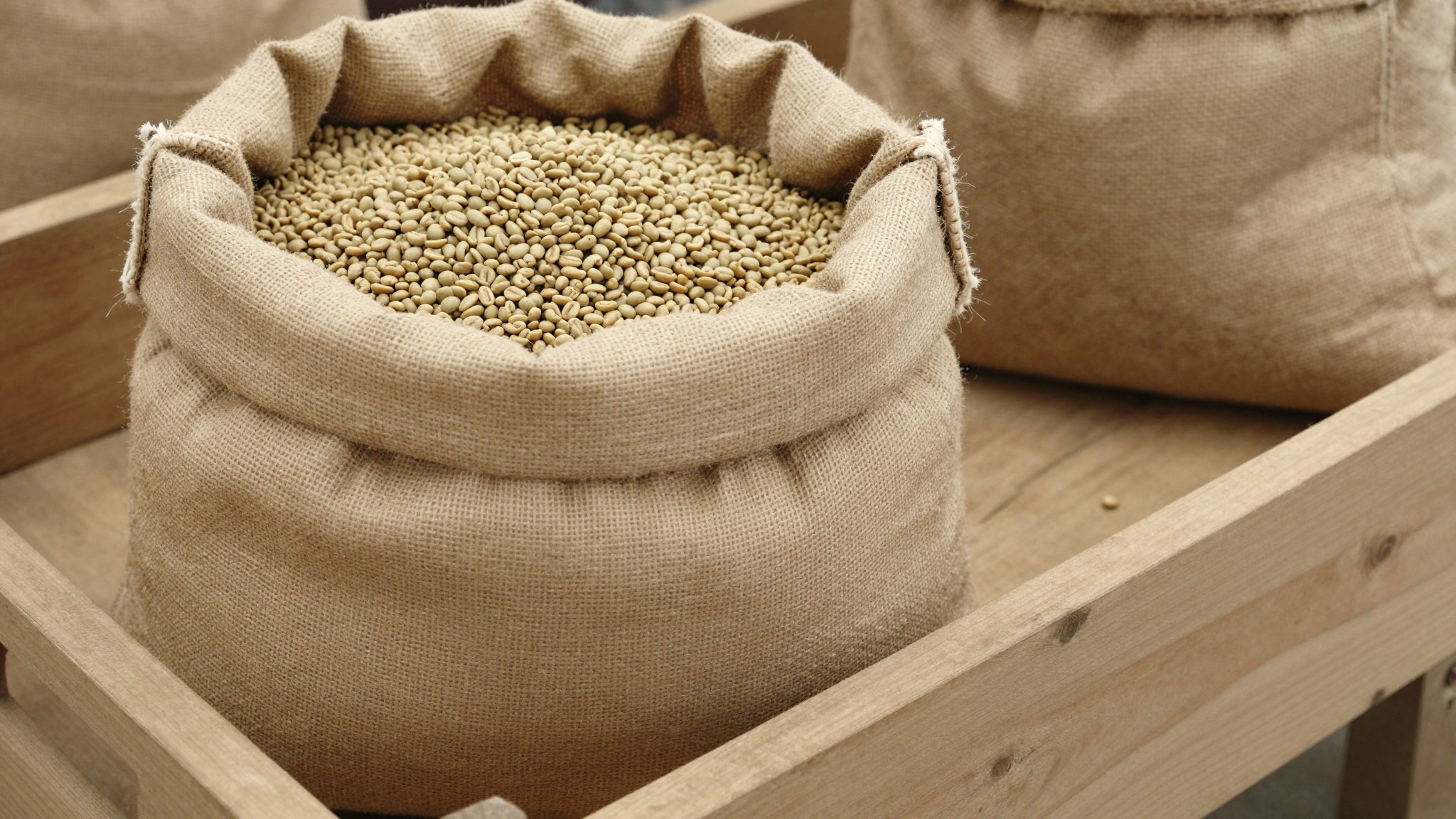 Biji kopi mentah dalam karung sebagai dokumentasi pasokan kopi lokal Jawa Timur